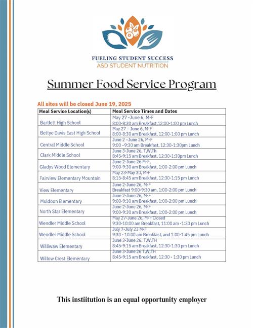 Summer Food Service Meal Dates and Times